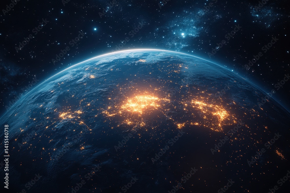 Obraz premium View of Earth from space at night showing cities illuminated by lights and the vastness of the universe in the background