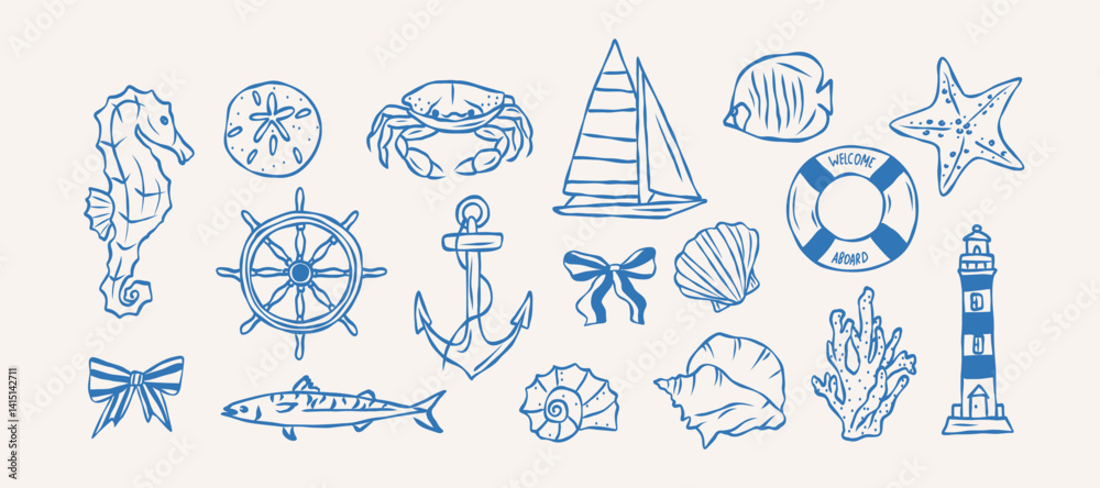 Hand drawn retro doodle nautical collection