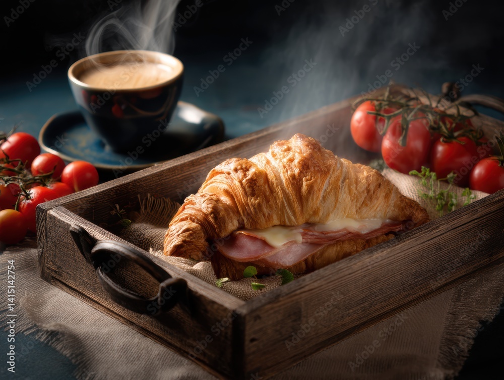 Delicious croissant with ham and cheese with coffee and tomatoes on rustic wooden tray