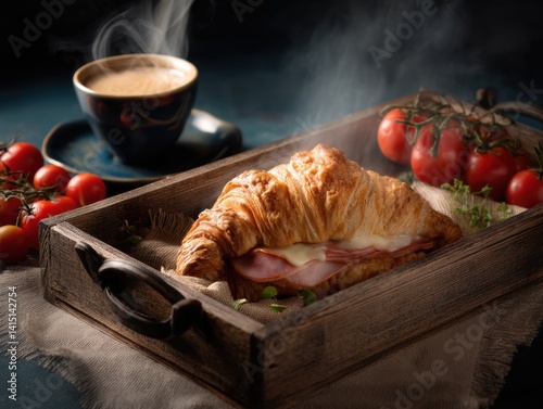 Obraz na płótnie Delicious croissant with ham and cheese with coffee and tomatoes on rustic wooden tray w salonie