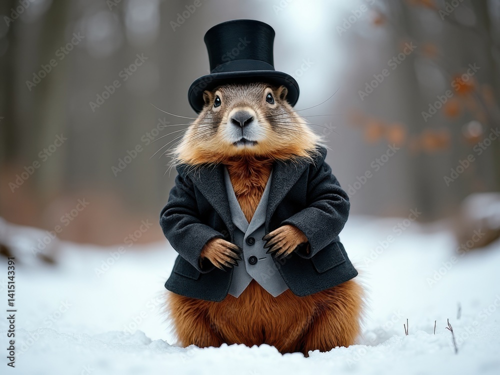 Small brown and white squirrel wearing a top hat and a vest. The squirrel is sitting in the snow