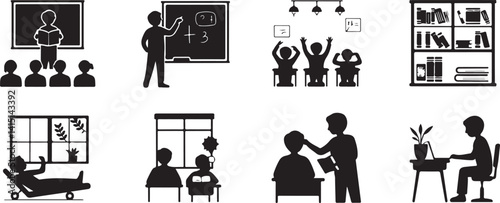  Black and white silhouettes of classroom activities including teaching, student participation, study time, and one-on-one sessions. Ideal for educational, academic, and school-related projects focusi