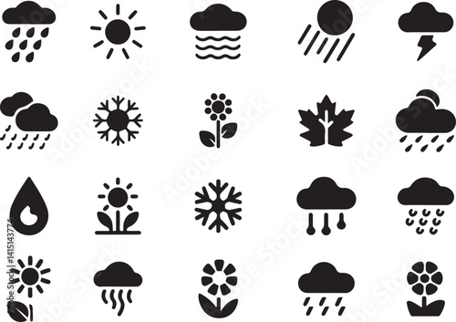 Seasonal Weather Icon Silhouettes—Summer, Rainy, Winter, and Spring Vector Set