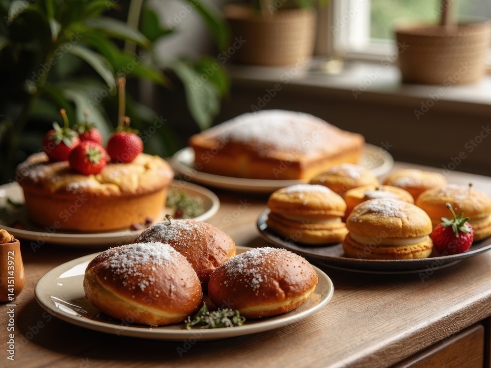 Table with a variety of desserts including cakes, donuts, and pastries. The desserts are arranged on plates