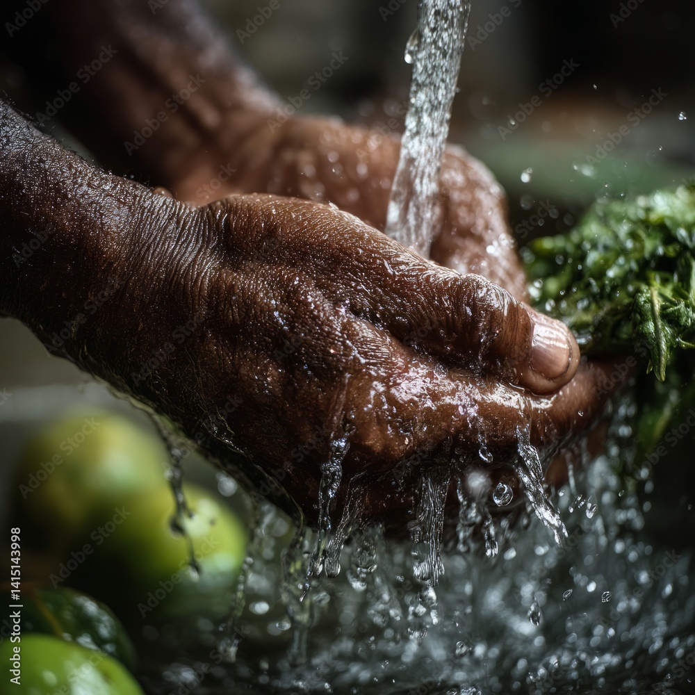 Fototapeta premium food safety contamination health. Hands Washing Fresh Green Vegetables Under Running Water for a Clean and Healthy Meal Prep.