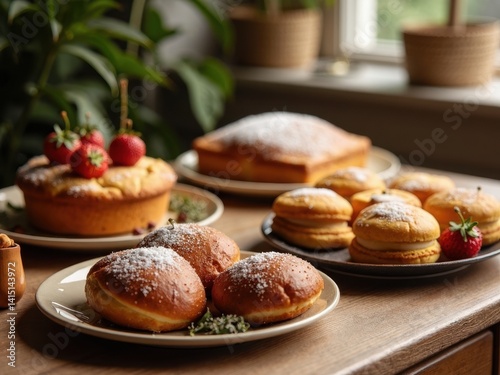 Table with a variety of desserts including cakes, donuts, and pastries. The desserts are arranged on plates