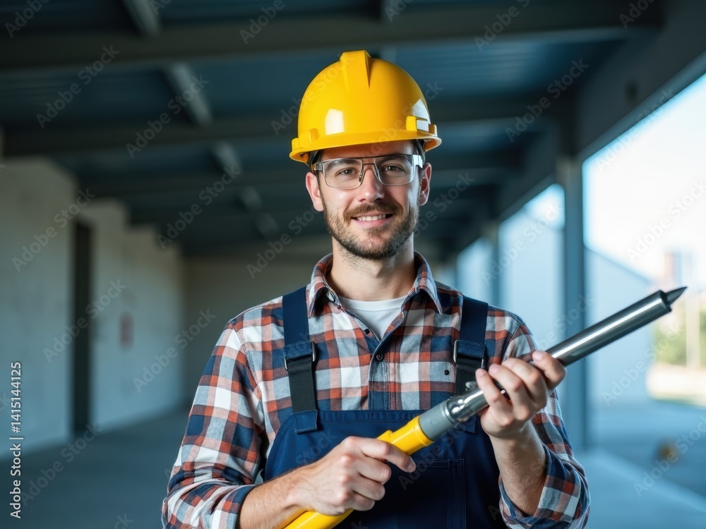 Man in a yellow helmet and blue overalls is holding a yellow tool. He is smiling and he is happy