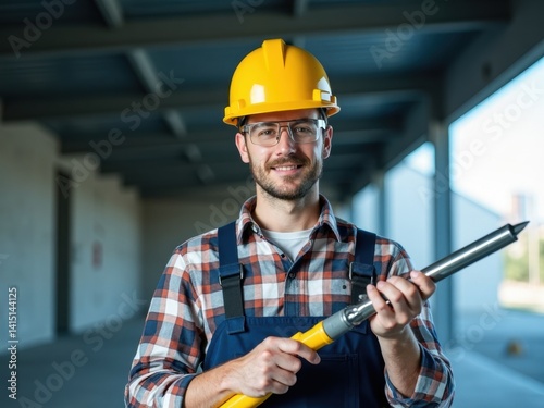 Obraz na płótnie Man in a yellow helmet and blue overalls is holding a yellow tool. He is smiling and he is happy w salonie