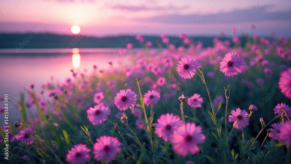 Fototapeta premium Pink Flowers Blooming near Lake at Sunrise