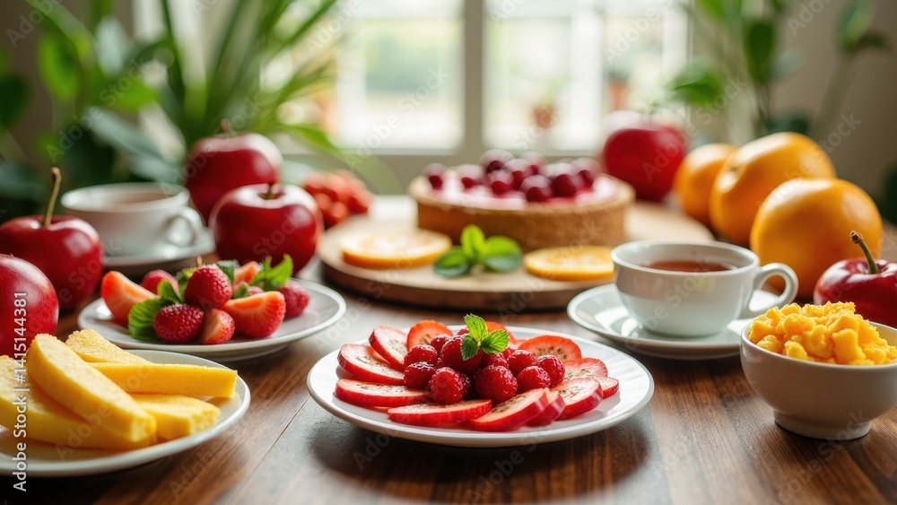 Table full of fruit and a cup of tea. Scene is inviting and healthy