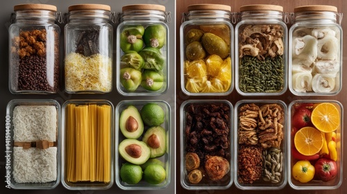 food safety contamination health. Kitchen Pantry Essentials Featuring Jars Filled with Avocado Pasta Beans Rice Fruits and Vegetables.
