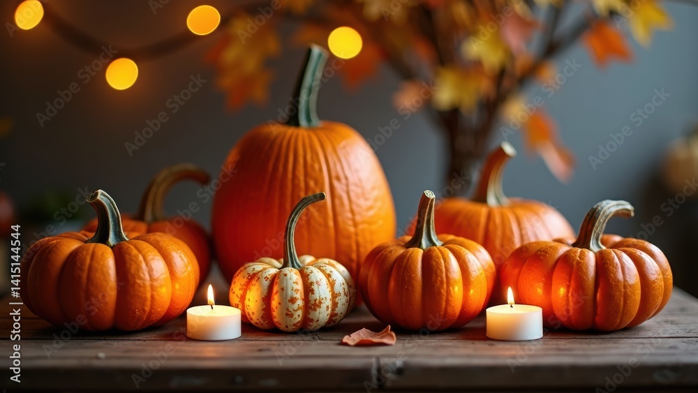 Table with a candle and pumpkins on it. The pumpkins are orange and white and are arranged in a row