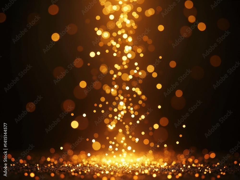 Stream of gold glitter is falling from the sky, creating a sense of magic and wonder. The bright gold color
