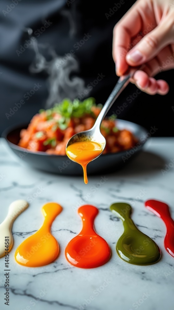 Person is holding a spoon and dipping it into a bowl of food. The bowl contains a variety of sauces, including mustard, ketchup, and mayonnaise