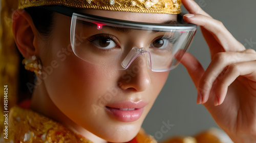 Obraz na płótnie Young Woman in Gold Headdress Wearing Transparent Smart Glasses w salonie