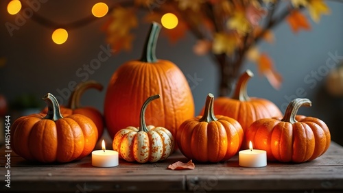 Obraz na płótnie Table with a candle and pumpkins on it. The pumpkins are orange and white and are arranged in a row w salonie