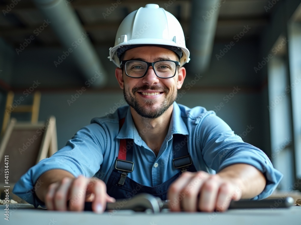 Man wearing a hard hat and safety glasses is smiling. He is wearing a blue shirt and blue overalls