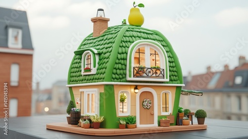 Charming miniature home with a vibrant green dome roof and warm tones.  Features potted plants and a pear on the roof