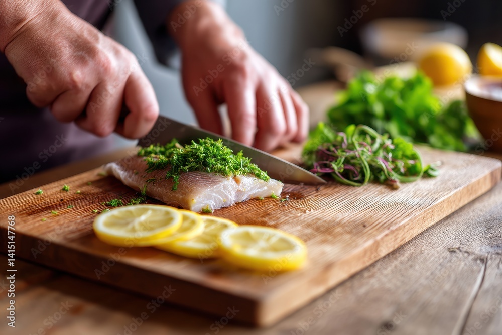 A close-up of a chefs hands expertly filleting a fish on a wooden cutting board, with lemon slices and herbs nearby A close-up of a chefs hands expertly filleting a fish on a wooden cutting board, with lemon slices and herbs nearby