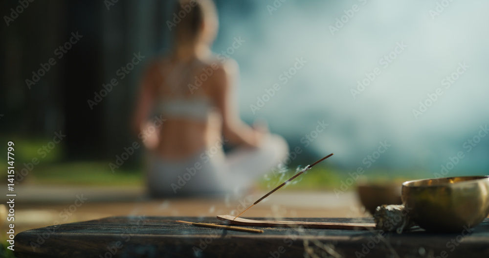 Ταπετσαρία Incense Stick Burns Softly in the Foreground, Releasing Gentle Smoke into the Air