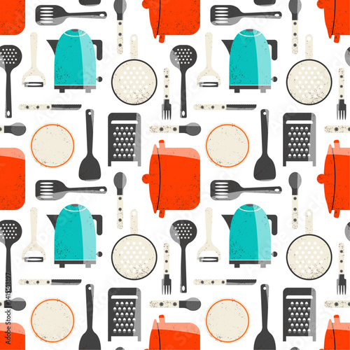 Seamless pattern with different kitchen utensils. Texture on culinary theme. 