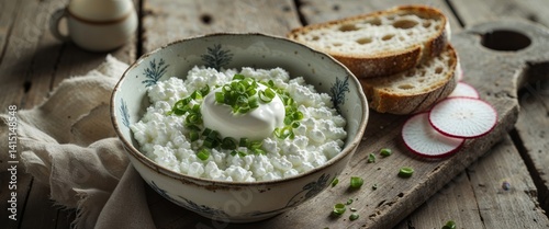 there is a bowl of cottage cheese and bread on a wooden table