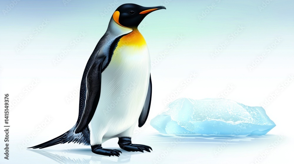 Fototapeta premium Emperor Penguin near Ice Chunk on Light Blue Background