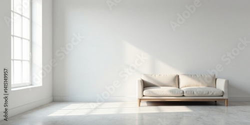 Serene Minimalist Living Room with Sunlight Streaming Through a Window onto a Light Beige Sofa