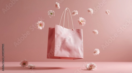 Bolsa para la compra flotando en el aire en primavera, fondo rosa