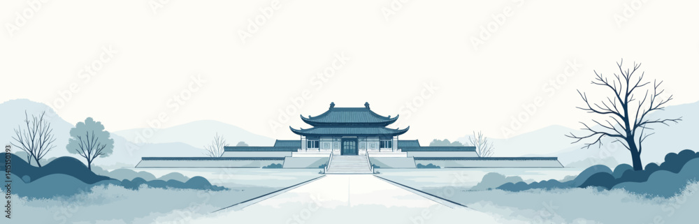 Fototapeta premium Blue-toned Chinese temple with mountains and trees