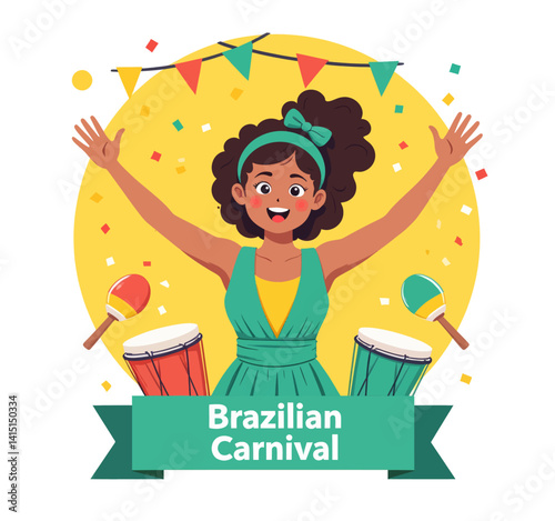 Brazilian Carnival celebration with woman, drums, and maracas