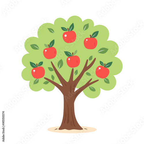 Cartoon apple tree with red fruit and green leaves