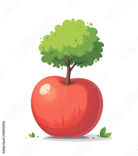 Cartoon apple with tree growing from it, leaves nearby
