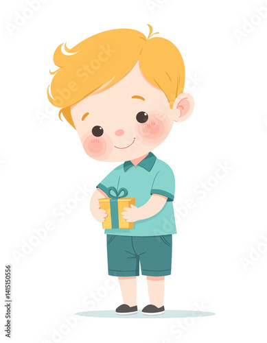 Cartoon boy with blonde hair holding yellow gift box