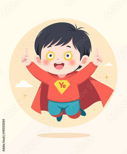 Cartoon boy superhero with red cape gives thumbs up