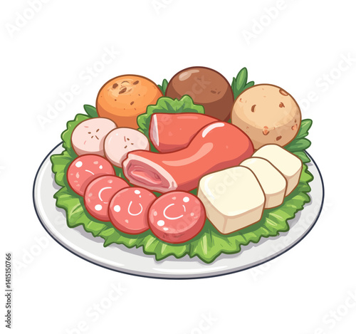 Cartoon charcuterie board with meats, cheeses, and bread on lettuce
