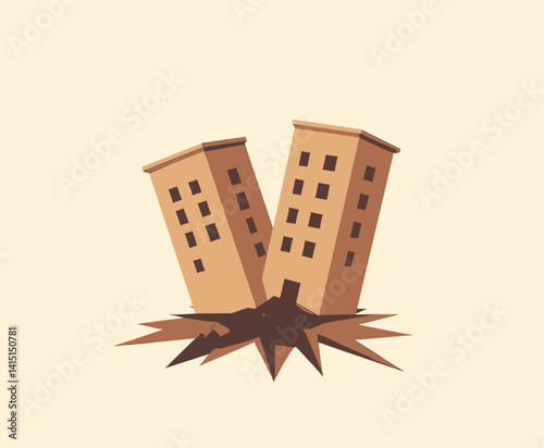 Cartoon buildings sinking into cracked earth