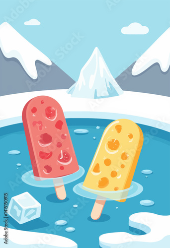Cartoon Ice Pops Floating in Icy Mountain Lake