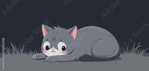 Cartoon Gray Cat Resting in Grass at Night