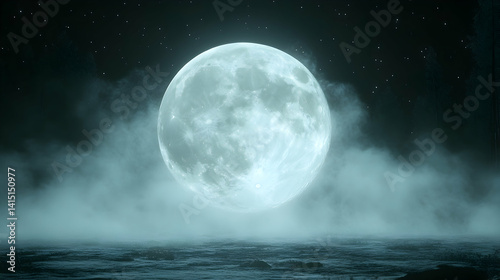Ethereal moon hovers above misty water stars twinkle in dark sky creating a dreamy and serene atmosphere soft blue hu