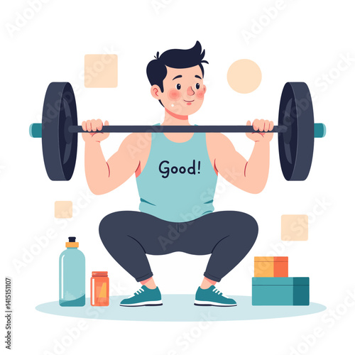 Cartoon man squatting with barbell, wearing "Good!" tank
