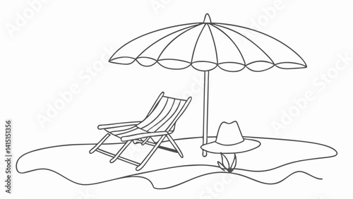 Minimalist continuous line drawing of a summer vacation scene with sun, and beach chair—ideal for travel planners, tropical getaway ads, summer merchandise, and minimalist vacation decor