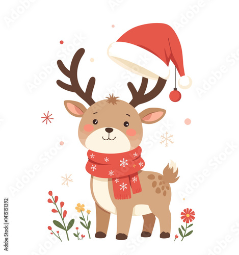 Cartoon Reindeer with Santa Hat and Snowflake Scarf