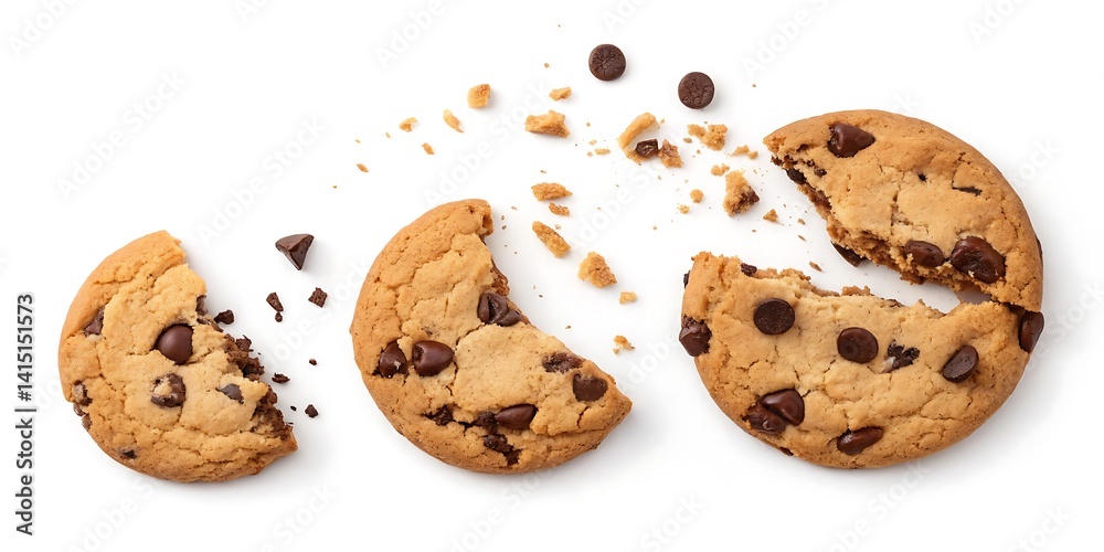 Steps of chocolate chip cookie being devoured. Isolated on white background. Steps of chocolate chip cookie being devoured. Isolated on white background.