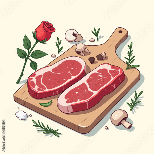 Cartoon steaks with rose and mushrooms on cutting board