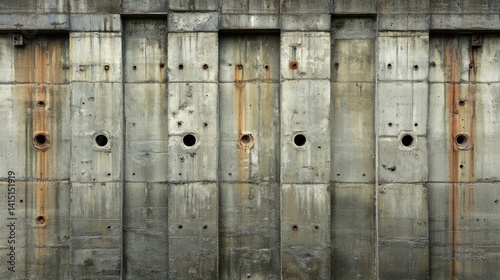 Gray concrete wall with vertical panels and holes.