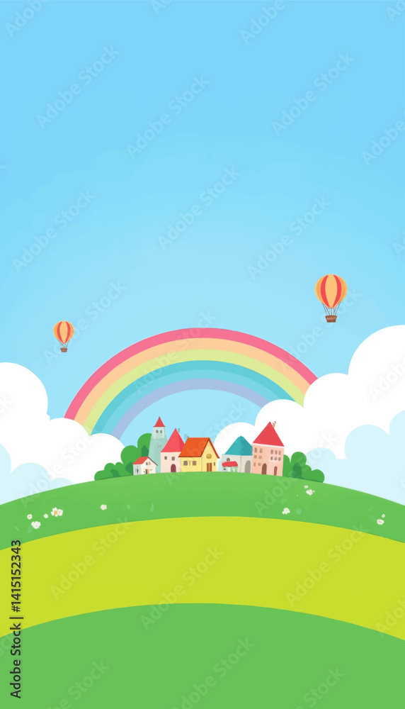 Fototapeta premium Cartoon Village with Rainbow and Hot Air Balloons