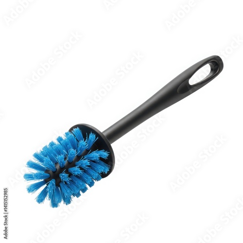 Black Handle Toilet Brush with Blue Bristles Isolated on White Background – Durable Bathroom Cleaning Tool for Scrubbing Toilets and Maintaining Hygiene

