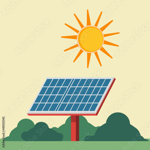 Solar panel generating energy under bright sun in green landscape  