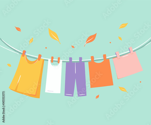 Clothesline with colorful clothes and falling leaves
